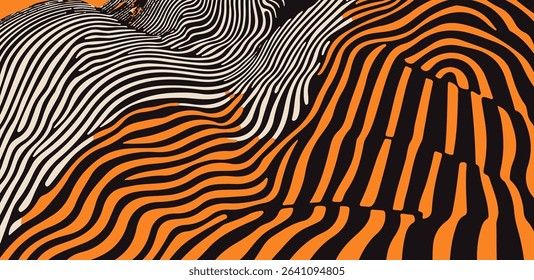 Vector illustration in popular modern Op Art style, featuring dynamic wavy black and orange lines and abstract flowing shapes, creating an illusion of depth and movement.