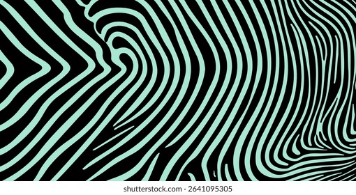 Vector illustration in popular modern Op Art style, featuring dynamic wavy teal lines and abstract flowing shapes, creating an illusion of movement.