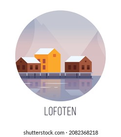 Vector illustration of a popular Norwegian travel destination Lofoten islands. Winter landscape with colorful fisherman houses surrounded by mountains