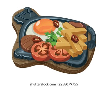 Vector illustration of the popular steak dish, premium cuts of meat, french fries, vegetables and eggs