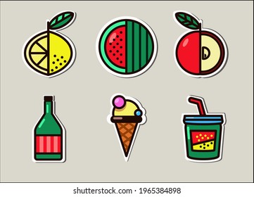 Vector illustration of popular summer treats. Image of a juicy watermelon, invigorating lemon, sweet apple, mouth-watering ice cream, a bottle of soft drink and a glass of cocktail and straw.