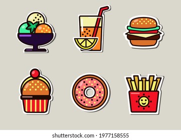 Vector illustration of popular treats. An image of a rosette with three scoops of ice cream garnished with a mint leaf, a glass of lemonade, a large hamburger, a cherry muffin.