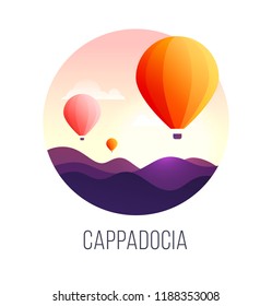 Vector illustration of a popular turkish travel destination Cappadocia. Sunset landscape with bright hot air balloons in the sky