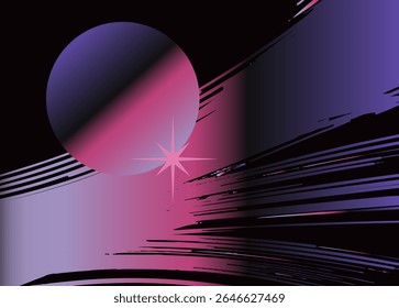 Ilustração vetorial em estilo popular de onda síncrona de vaporwave: apresenta um círculo gradiente com listras rosa, roxa, preta e dinâmica. Negrito neon cores, abstrato retro-futurista olhar.