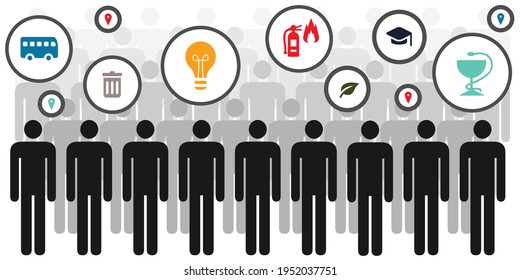 vector illustration of population of people and public services symbols for local communities