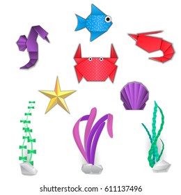Vector Illustration of pop-up book for Design, Website, Background, Banner. Sea Animals Paper origami Elements. Ocean Life Craft Template