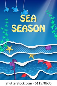 Vector Illustration of pop-up book for Design, Website, Background, Banner. Ocean Beach Paper origami Elements. Summer Craft Template. Crab, starfish, seashell