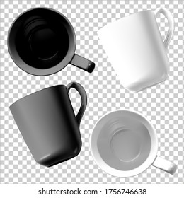 Vector illustration of porcelain cups on a transparent background. Black and white cups. Top and side views.