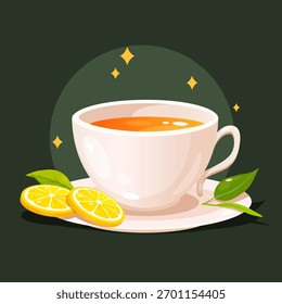 Ilustración vectorial de una taza de té de porcelana blanca con plato, rodajas de limón y hojas verdes aisladas sobre fondo verde oscuro. Composición de té de hierbas, bebida acogedora.