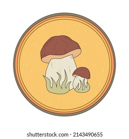 Vector illustration of a porcini mushroom. Hand-drawn on a white isolated background. Realistic edible mushroom. Modern design pin, icon, sticker. Cartoon mushrooms on the grass.