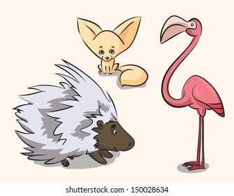 vector illustration with porcupine, fox and flamingo,color cartoon character isolated on white background 