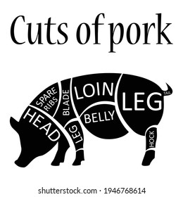 Vector illustration of pork black silhouette, pork cuts chart. Cuts of pork butcher chart.