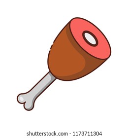 Vector illustration with pork ham on the bone leg isolated on white background. Cartoon fresh eco natural food design