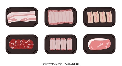 Vektorgrafik der Schweinefleischverpackung. Eine Fleischverpackung aus einem Supermarkt. Jedes Produkt ist einzeln auf dem Hintergrund und leicht editierbar
