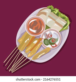 Satay de cerdo con salsa de maní en un plato. Fondo morado.