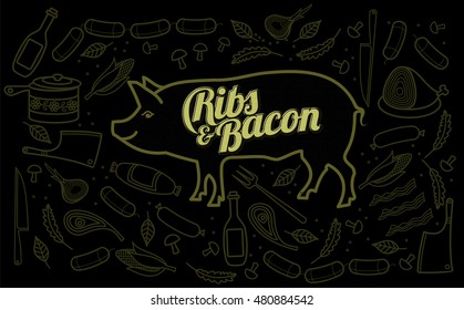 Vector illustration of pork, vegetables image, bread, drinks and cooking tools. Brochures, advertisements, web design, web icon, food menu. On a black background