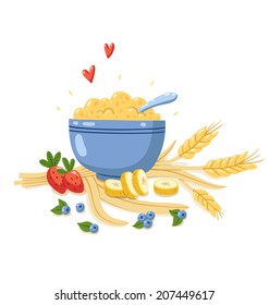 Vector illustration with porridge, berries, bananas and cereals