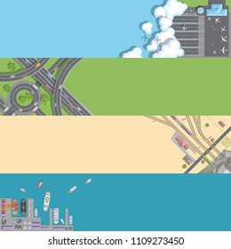 Vector illustration. Port, airports, roads, railways. Top view. Travel, transportation, trucking, logistics. View from above.