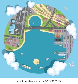 Vector illustration. Port, airports, roads, railways. Top view.
Travel, transportation, trucking, logistics. View from above. 
