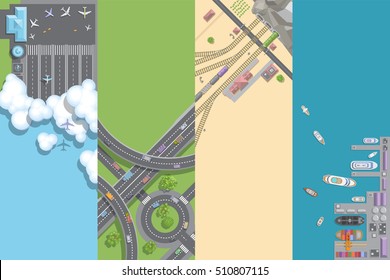 Vector illustration. Port, airports, roads, railways. Top view.
Travel, transportation, trucking, logistics. View from above.


