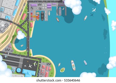 Vector illustration. Port, airports, roads, railways. Top view. Travel, transportation, trucking, logistics. View from above.  