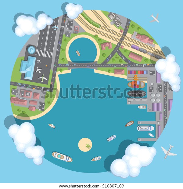 ベクターイラスト 港 空港 道路 鉄道 平面図 旅行 交通 トラック 物流 上から見る のベクター画像素材 ロイヤリティフリー