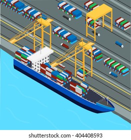 vector illustration. Port, port crane loads the cargo ship containers. Trucks transport containers. isometric, infographic