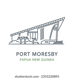 Vector illustration of PORT MORESBY in the country of PAPUA NEW GUINEA. Linear icon of the famous, modern city symbol. Cityscape outline line icon of city landmark on a white background.  