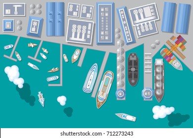 Vector illustration. Port with ships. Top view. Seaport, cargo and passenger ships, warehouses, sea, clouds. View from above. 