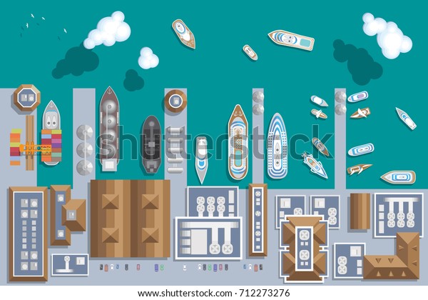 ベクターイラスト 船のある港 平面図 港 貨物船 客船 倉庫 海 雲 上から見る のベクター画像素材 ロイヤリティフリー