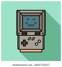 A vector illustration of a portable game console with a long shadow on a green background