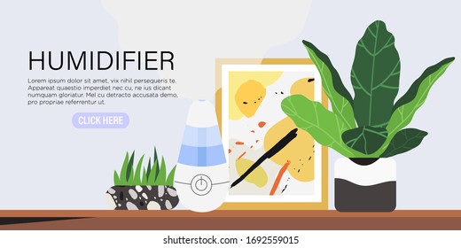 Vector illustration of a portable humidifier device on a table with house plants moisturing air in a room during hot days and low humidity in a flat in winter. Creative banner, flyer or add.