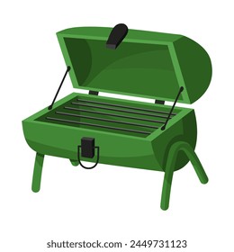 A vector illustration with a portable iron barbecue grill, which is ideal for outdoor gatherings, picnics and hiking. Ideal for cooking delicious dishes anywhere. Branding of kitchen equipment