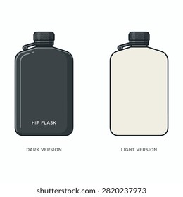 Vector illustration of a portable metal hip flask in two color styles.