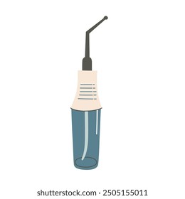 Ilustración vectorial de un irrigador oral portátil en estilo plano de dibujos animados. Herramienta dental para la limpieza de los dientes, hilo dental interdental, un chorro de agua para el cuidado dental y la boca fresca sana, icono del hilo dental del agua