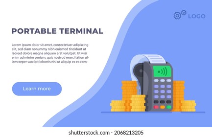 Vector illustration of a portable terminal isolated on a white and blue background. 