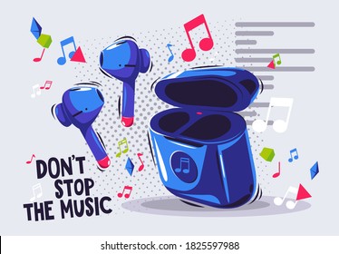 vector illustration of portable wireless headphones with charging case, listen to music with headphones on music notes, music don't stay away