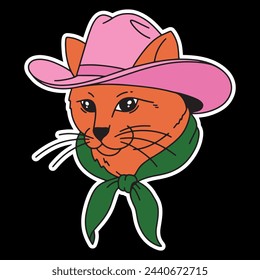 Vector illustration of a porter red cat in a pink cowboy hat, cute and funny sticker isolated on black background with white outline. Trendy groovy style, wild west theme.