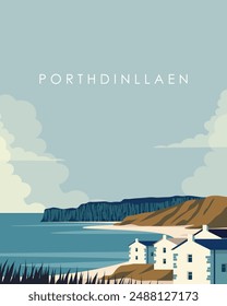 Vector illustration. Porthdinllaen Wales wall poster, postcard, banner, cover. Sea, seascape. Trips.