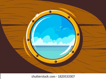Vector illustration of a porthole in the hull of a wooden ship, sea view from the cabin through the porthole
