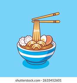 vector illustration of a portion of ramen noodles complete with pieces of meat and egg, vector icon illustration of Japanese food