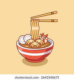 vector illustration of a portion of ramen noodles complete with shrimp. Japanese food vector icon illustration