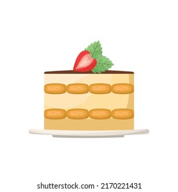 Vector illustration of a portion of tiramisu on a saucer decorated with strawberries and mint.