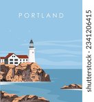 Vector illustration. Portland, USA. Lighthouse, sea. Scenery. Design for poster, cover, packaging, postcard. Tourism, travel.