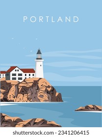 Ilustración vectorial. Portland, Estados Unidos. Faro, mar. El paisaje. Diseño de póster, portada, embalaje, postal. Turismo, viajes.