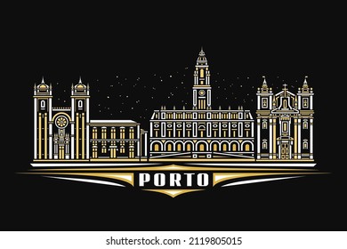 Vector illustration of Porto, dark horizontal poster with linear design famous porto city scape on dusk starry sky background, european urban line art concept with decorative lettering for word porto