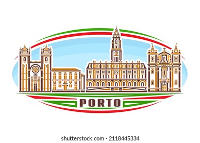 Vector illustration of Porto, horizontal badge with linear design orange porto city scape on day sky background, famous urban line art concept with decorative lettering for brown word porto on white