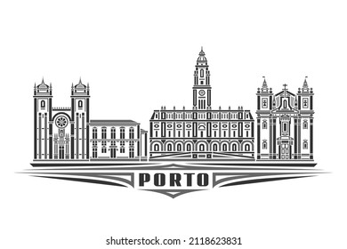 Vector illustration of Porto, monochrome horizontal poster with linear design famous porto city scape, european urban line art concept with decorative letters for black word porto on white background