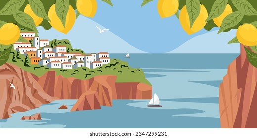 Ilustración vectorial. Portofino, Italia. Antecedentes del sitio, portada, ilustración del libro, imagen para una guía turística, postal, papel tapiz.