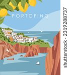 Vector illustration. Portofino, Italy. Travel poster, travel postcard, banner. European tour.